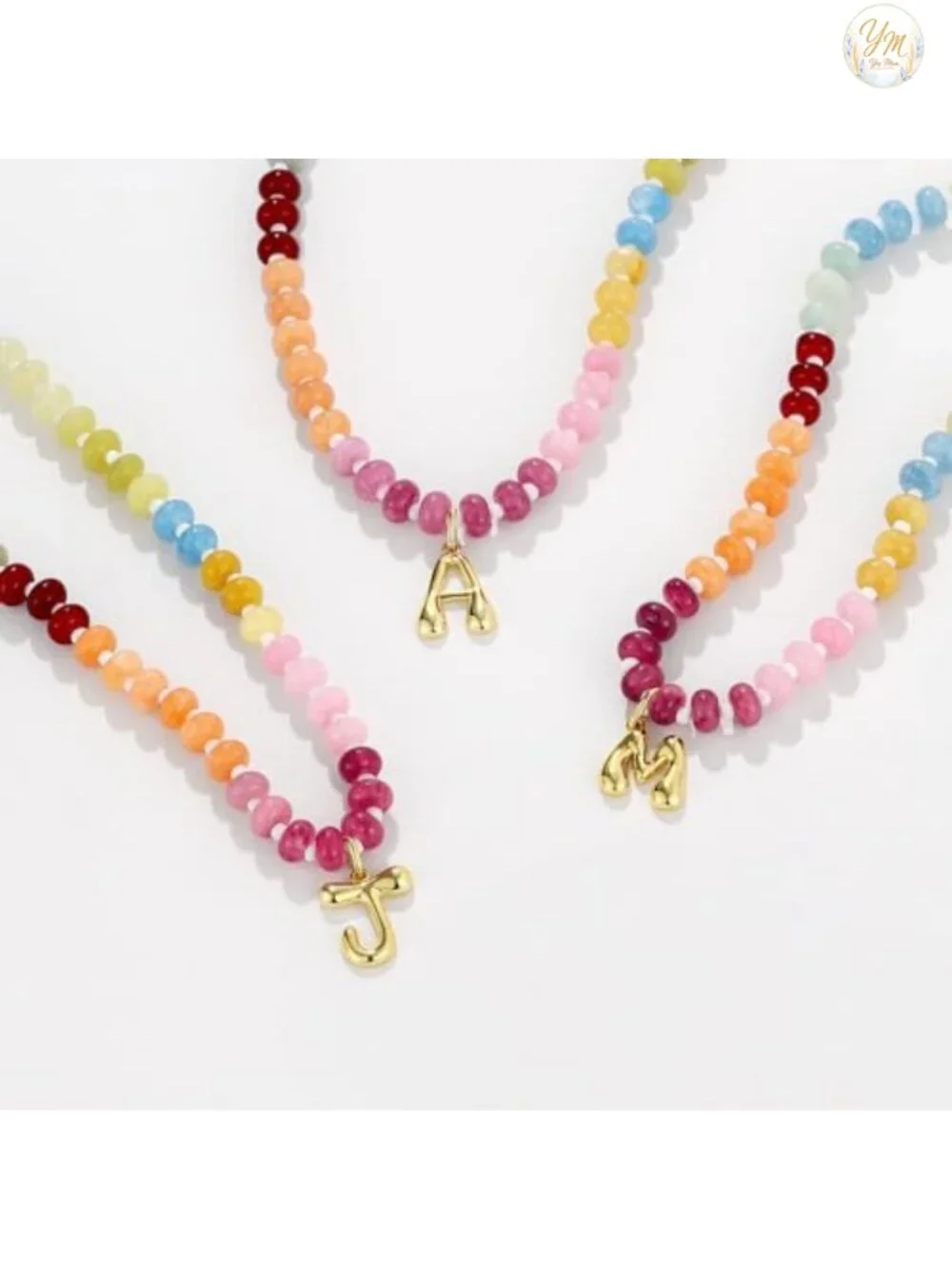 Initial Choker Necklace with Natural Gemstone Beads 14K Gold Bubble Letter